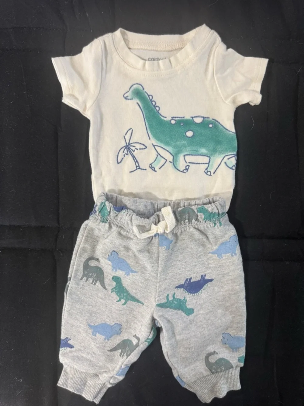 Carter's Cream Top with Green Dinosaur and Gray Dino Print Pants - Picture 1 of 6